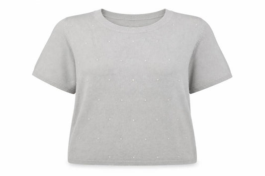 Front view of Marks & Spencer women’s grey round neck acrylic jumper, size UK 16