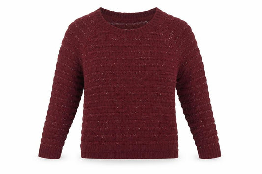 Front view of Love Knitwear women’s purple round neck acrylic jumper, size UK 14