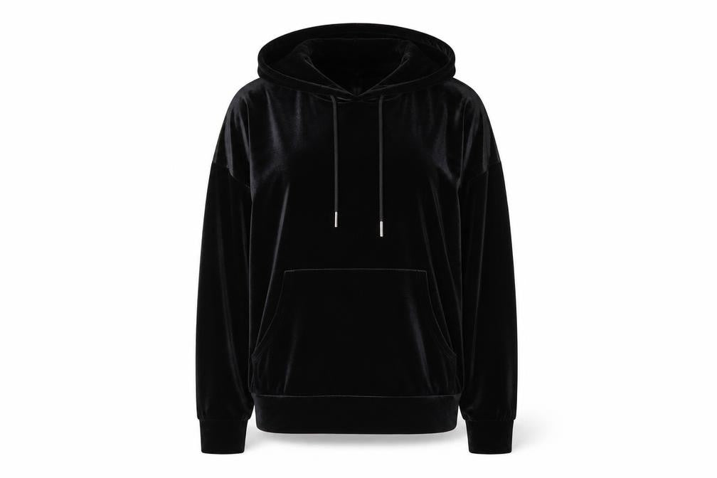 Front view of Nobody's Child women’s black polyester pullover hoodie, size UK 8