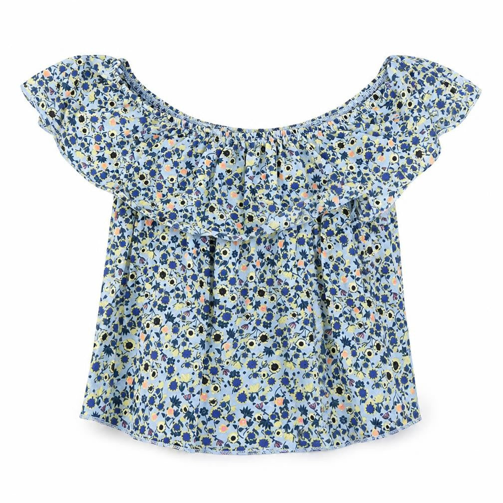 Front view of Topshop women’s blue floral polyester basic blouse, size UK 6, boat neck