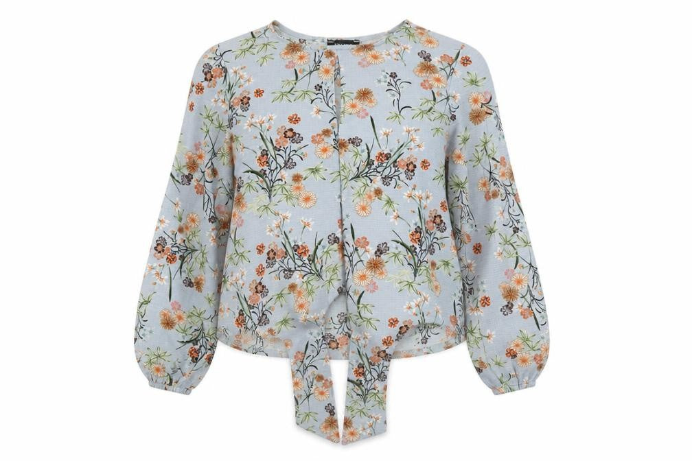 Front view of New Look women’s grey floral polyester basic blouse, size UK 10, scoop neck