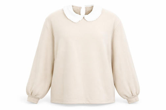 Front view of H&M women’s beige crew neck cotton jumper, size M