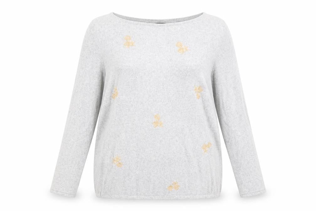 Front view of Preworn women’s grey boat neck polyester jumper, size UK 14