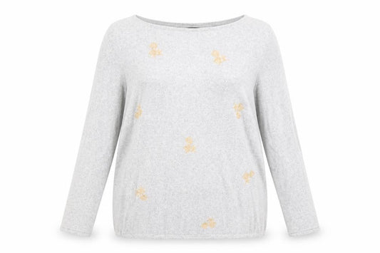 Front view of Preworn women’s grey boat neck polyester jumper, size UK 14