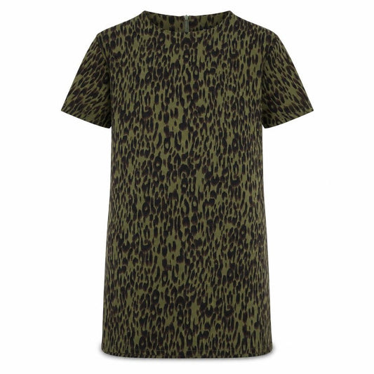 Front view of Boohoo women’s multicoloured animal print polyester basic t-shirt, size UK 10, round neck