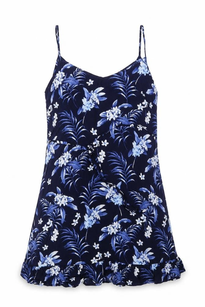 Front view of Oasis women’s blue floral viscose basic t-shirt, size UK 8, v-neck