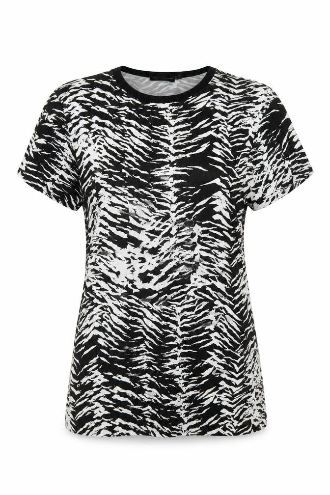 Front view of PRETTYLITTLETHING women’s multicoloured animal print viscose basic t-shirt, size UK 10, crew neck