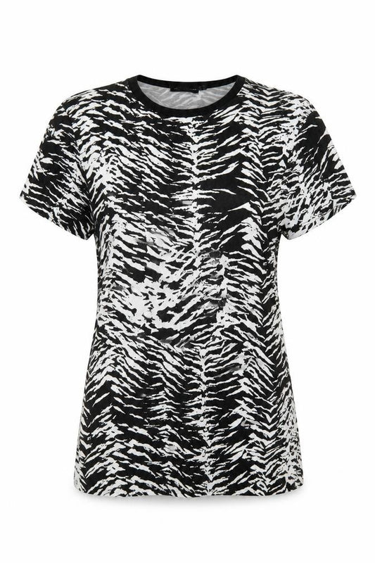 Front view of PRETTYLITTLETHING women’s multicoloured animal print viscose basic t-shirt, size UK 10, crew neck