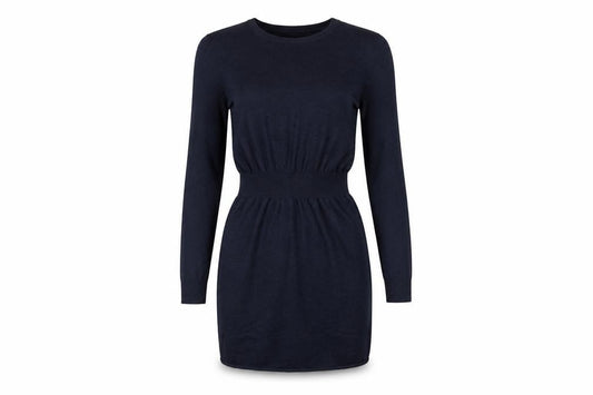 Front view of H&M women’s blue polyester fit & flare, size UK 6, round neck