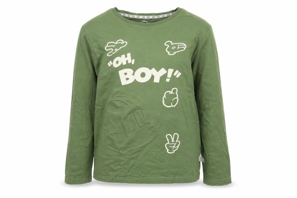 Front view of Primark girls’ green cotton basic t-shirt, size 9-10, years round neck - micky mouse