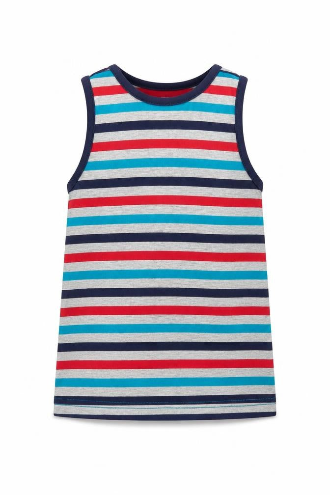 Front view of George boys’ multicoloured striped cotton basic tank, size 4-5, years round neck