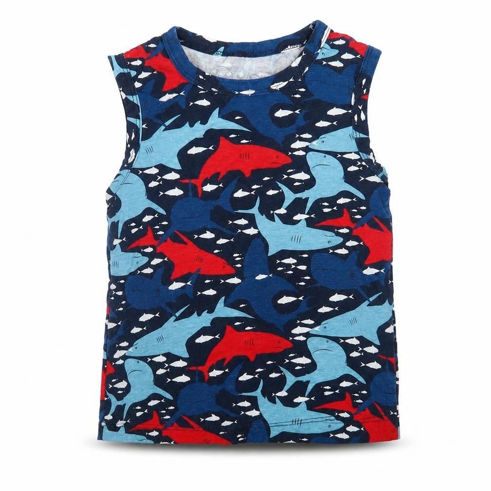 HULLALALOO Boys Multicoloured Animal Print Cotton Basic Tank Size 5-6 Years Round Neck  - Sharks