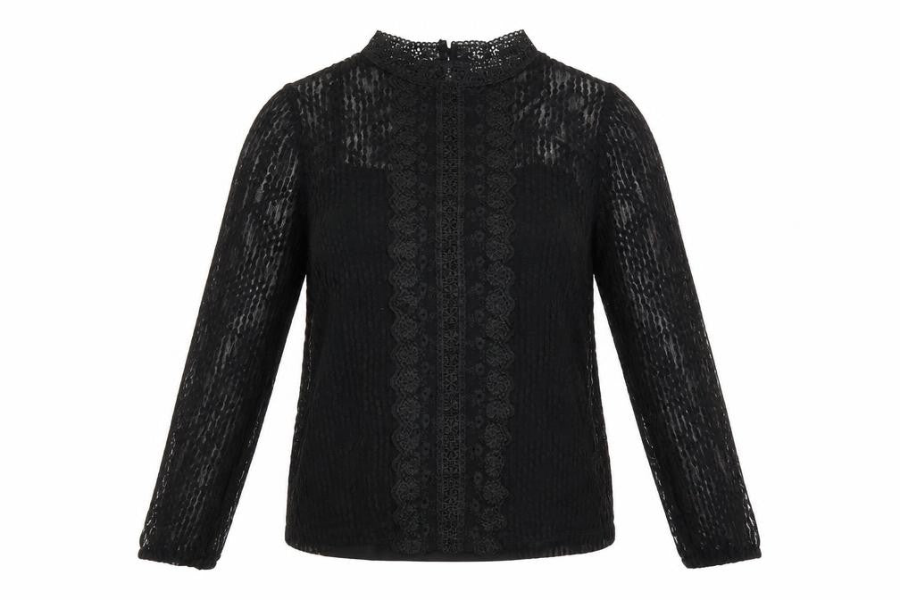 Front view of Oasis women’s black polka dot polyamide basic t-shirt, size M, mock neck