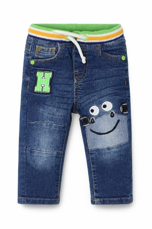 Front view of SO CUTE boys’ blue cotton jeans, size 6-9, months - monkey h