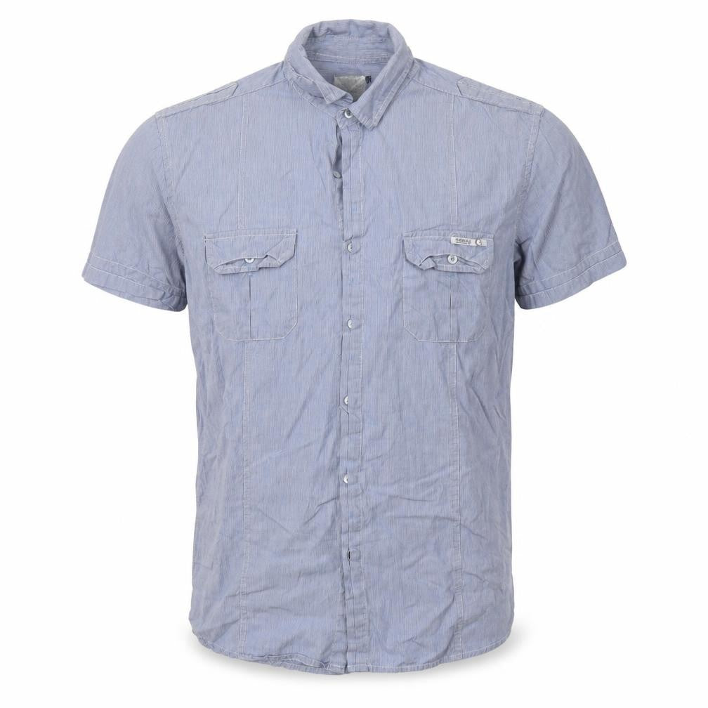 Front view of Crafted men’s blue striped cotton button-up, size L, collared