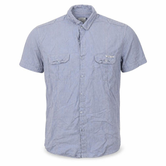 Front view of Crafted men’s blue striped cotton button-up, size L, collared