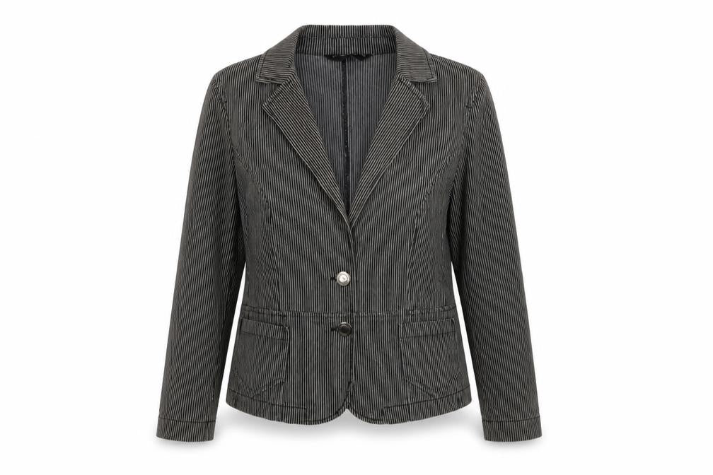 Front view of Dorothy Perkins women’s grey striped jacket blazer, size UK 12