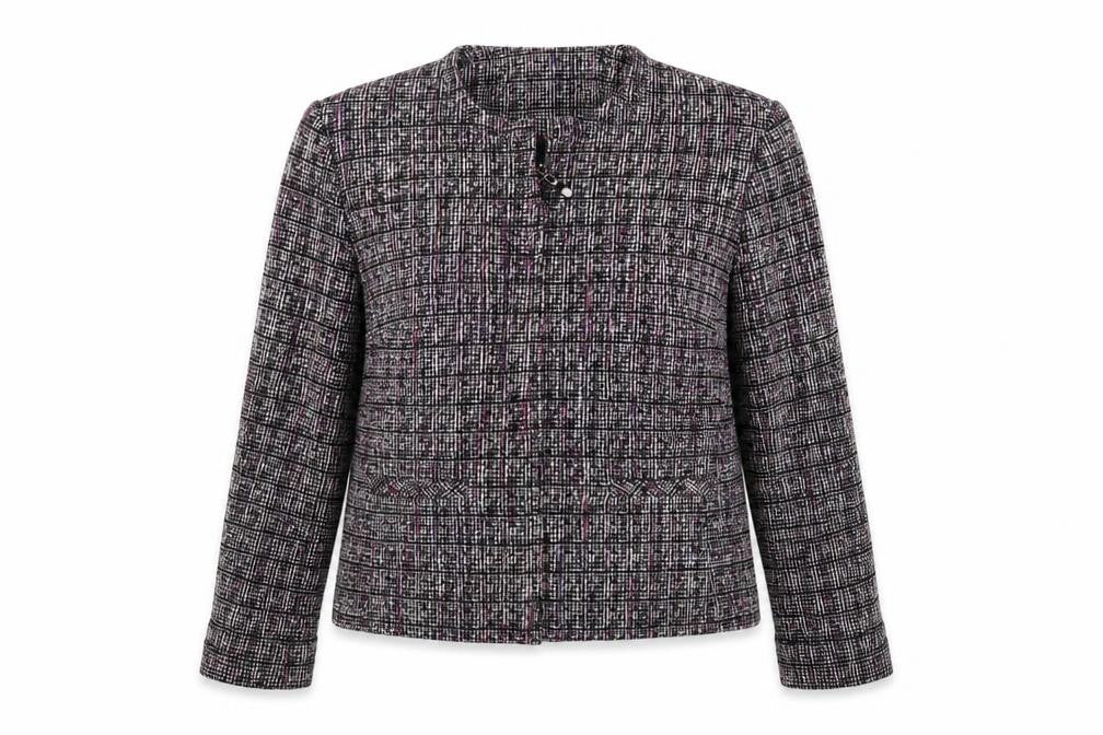 Front view of Marks & Spencer women’s purple check jacket blazer, size UK 14