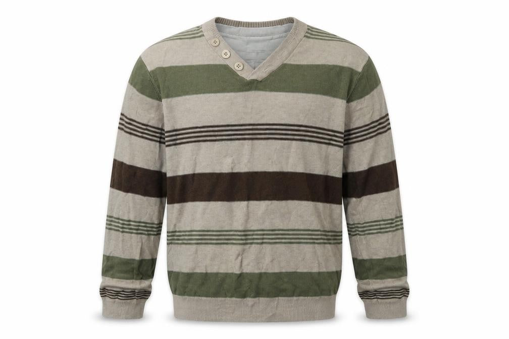 Front view of BHS men’s beige v-neck striped cotton jumper, size M