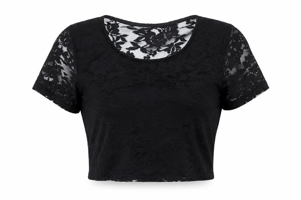 Front view of Atmosphere women’s black floral polyester basic blouse, size UK 10, round neck - lace overlay