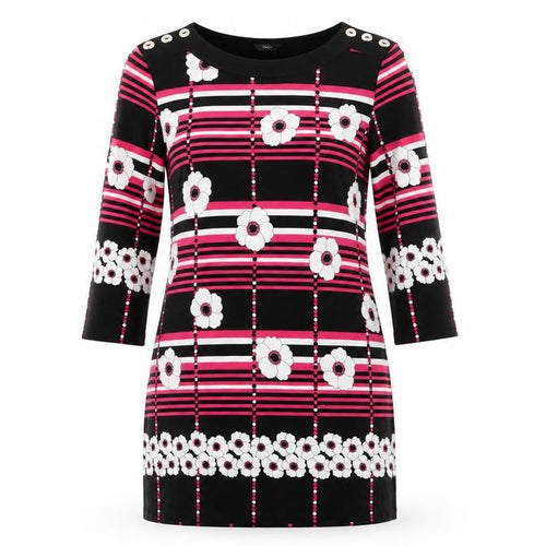 M&Co Womens Black Floral Viscose A-Line  Size 12  Round Neck  - White Flowers Pink Stripes