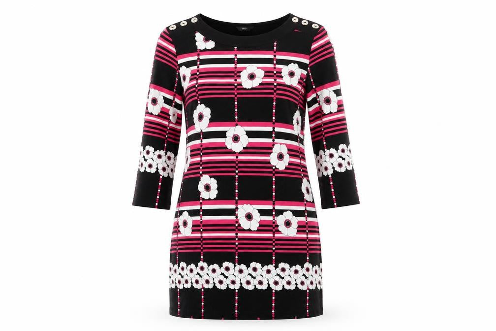 M&Co Womens Black Floral Viscose A-Line  Size 12  Round Neck  - White Flowers Pink Stripes