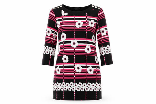 Front view of M&Co women’s black floral viscose a-line, size UK 12, round neck - white flowers pink stripes