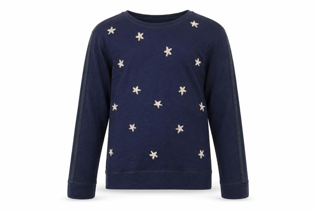 Front view of Next girls’ blue solid cotton pyjama top, size 8, years - subtle shimmer effect stars