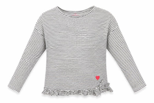 Front view of Next girls’ black spotted cotton tunic t-shirt, years round neck - subtle shimmer effect heart logo frilled hem