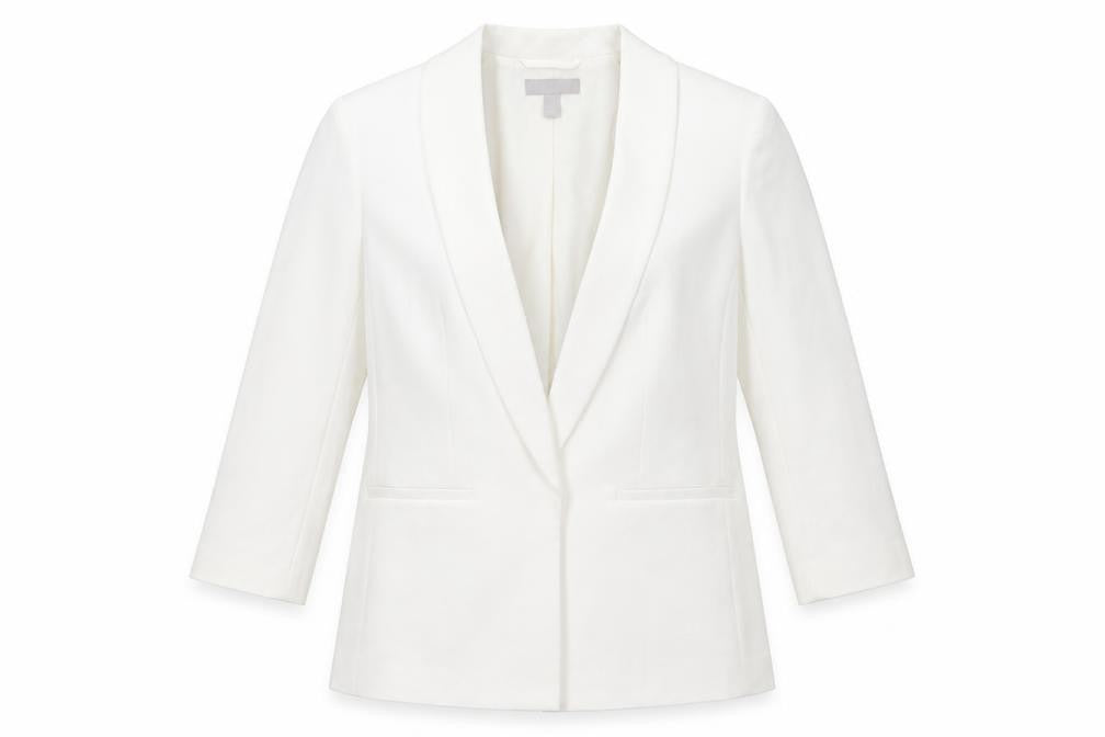 Front view of H&M women’s ivory jacket, size UK 14, - mock pockets