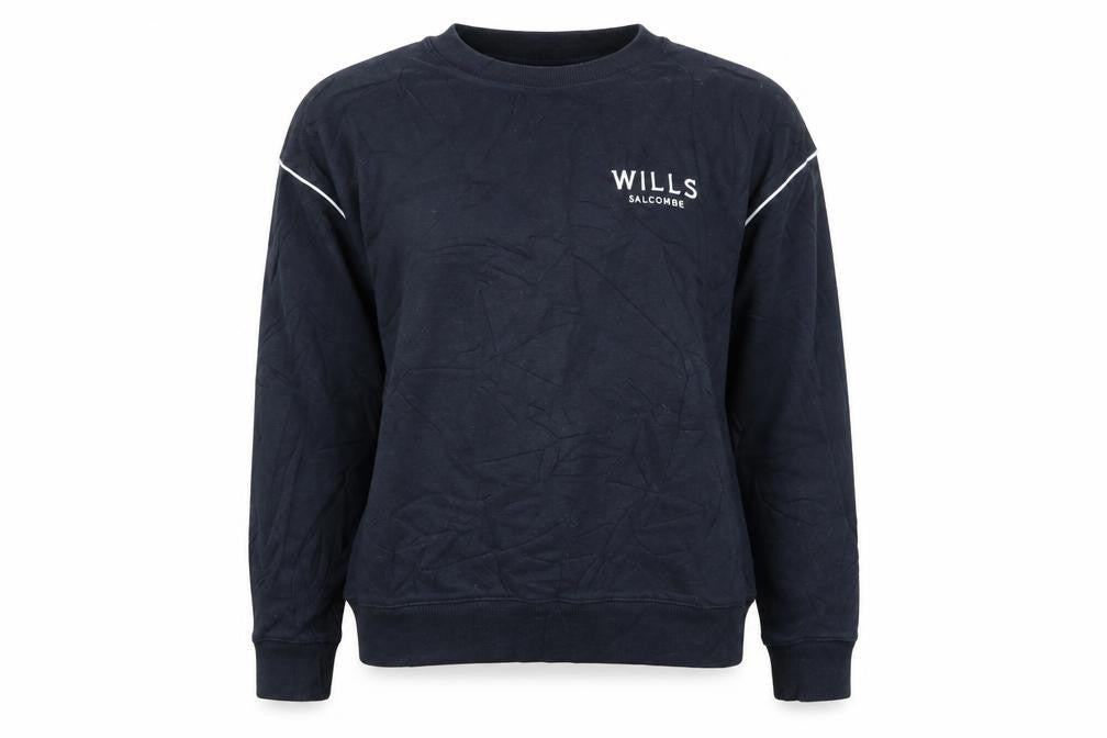 Front view of Jack Wills women’s blue cotton pullover sweatshirt, size UK 8, - wills salcombe
