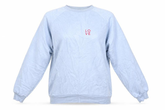 Front view of Topshop women’s blue polyester pullover sweatshirt, size UK 6, - love pale blue