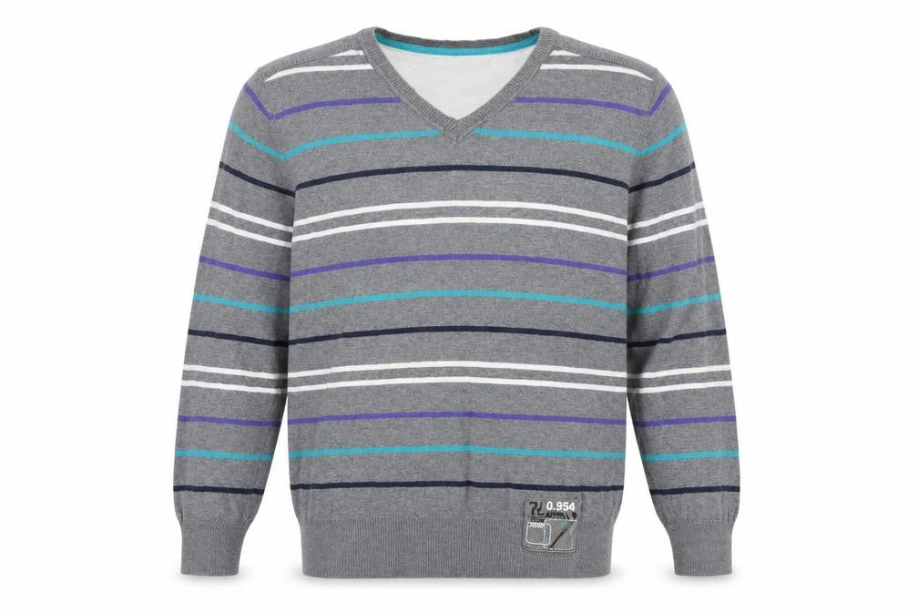 Front view of Matalan men’s grey round neck striped cotton jumper, size L