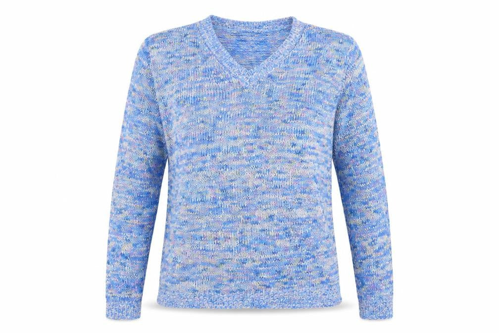 Front view of Charmant women’s blue v-neck acrylic jumper, size L