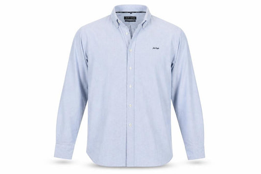 Front view of Jack Doyle men’s blue cotton button-up, size L, collared