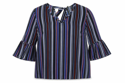 Front view of Matalan women’s multicoloured striped polyester basic blouse, size UK 16, round neck