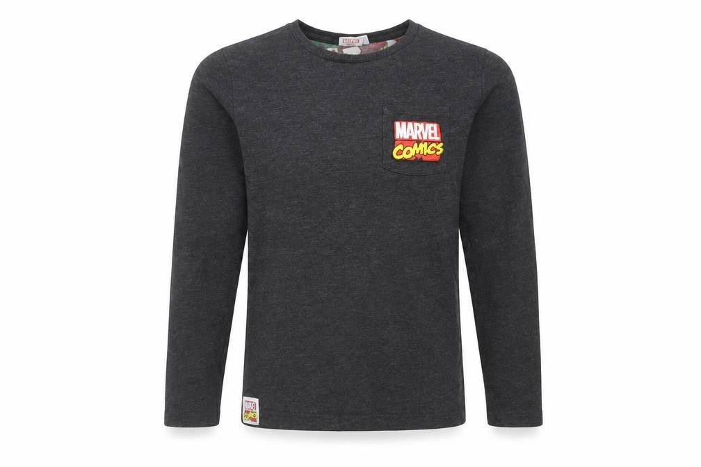 Front view of Marvel Comics boys’ grey cotton basic t-shirt, size 9-10, years crew neck - marvel comics