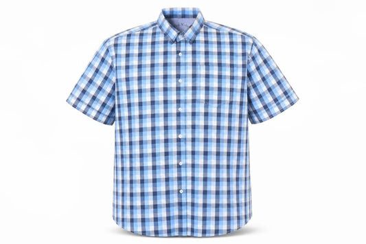 Front view of JACK VALLEY men’s multicoloured check polyester button-up, size XL, collared