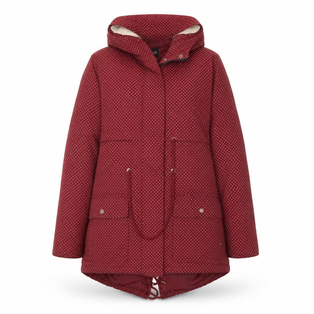 Front view of B. YOU women’s red polka dot overcoat coat, size UK 12