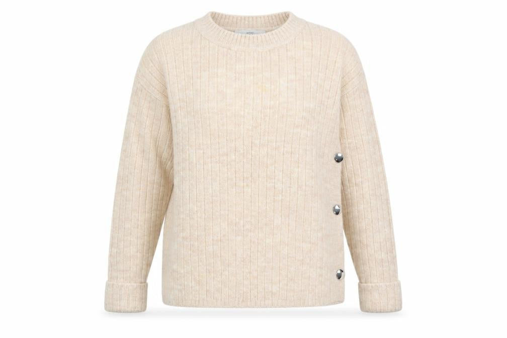 Front view of George women’s beige striped acrylic pullover sweatshirt, size S
