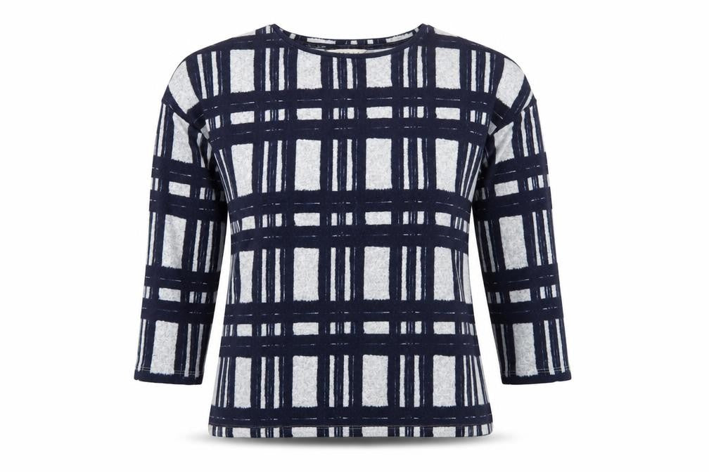 Front view of Nutmeg women’s blue round neck plaid polyester jumper, size UK 8