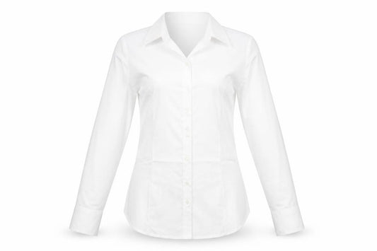 Front view of disley women’s white polyester basic button-up, size UK 8, collared