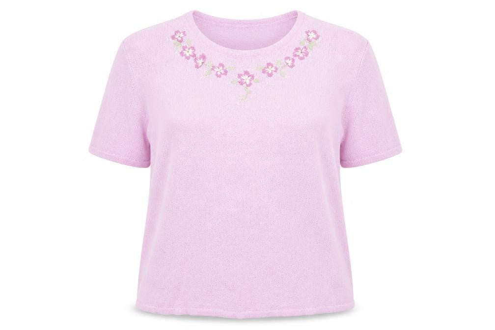 Front view of EWM women’s pink round neck acrylic jumper, size UK 18