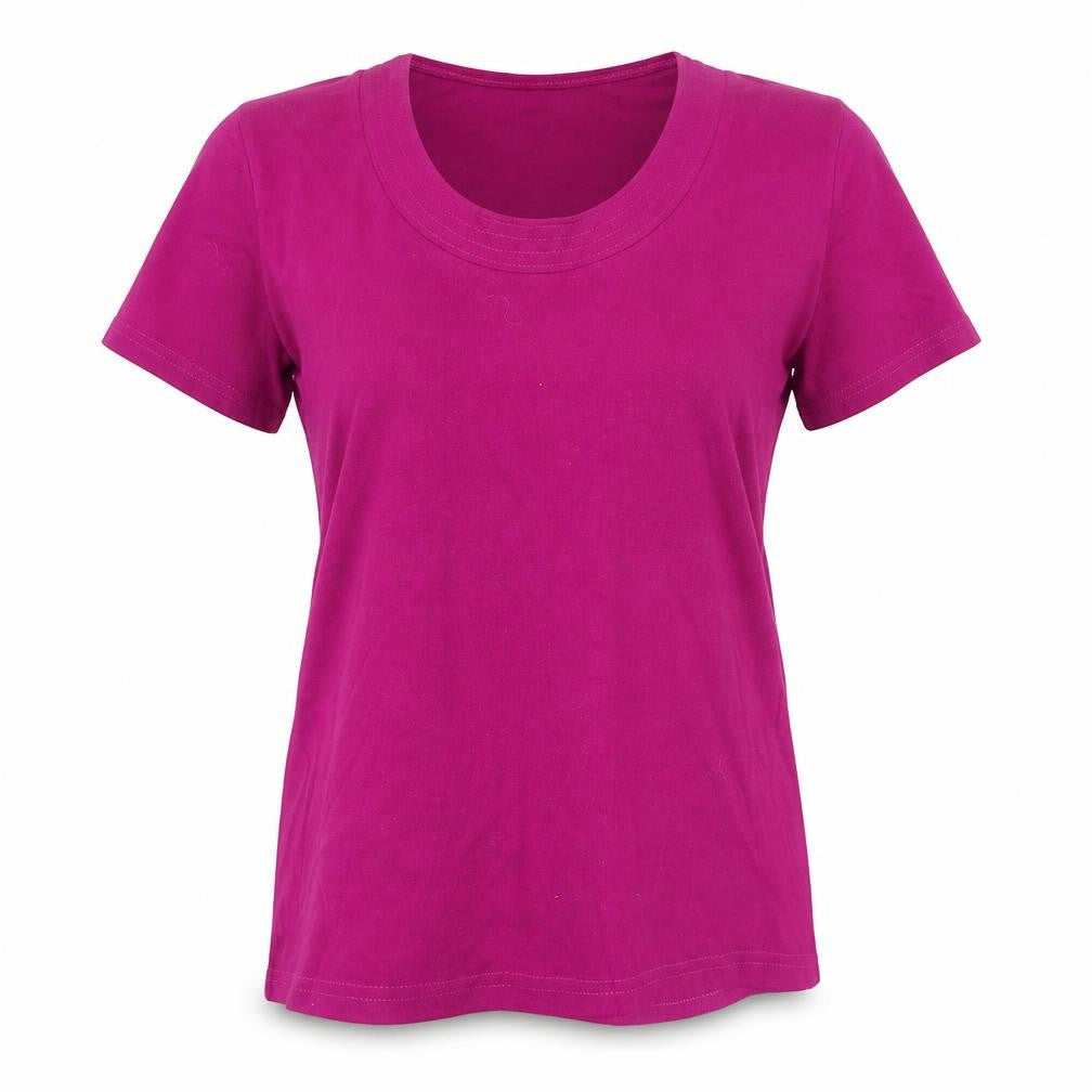 Front view of EWM women’s pink viscose basic t-shirt, size L, round neck