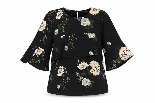 Front view of AX Paris women’s black floral polyester basic t-shirt, size UK 8, round neck