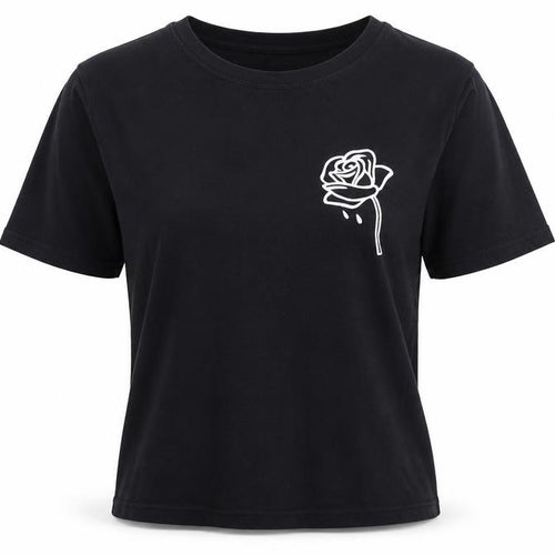 Preworn Womens Black  Cotton Basic T-Shirt Size S Round Neck - Rose Detail