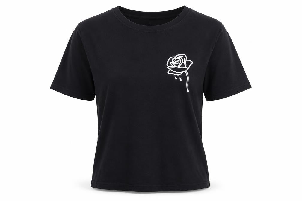 Preworn Womens Black  Cotton Basic T-Shirt Size S Round Neck - Rose Detail
