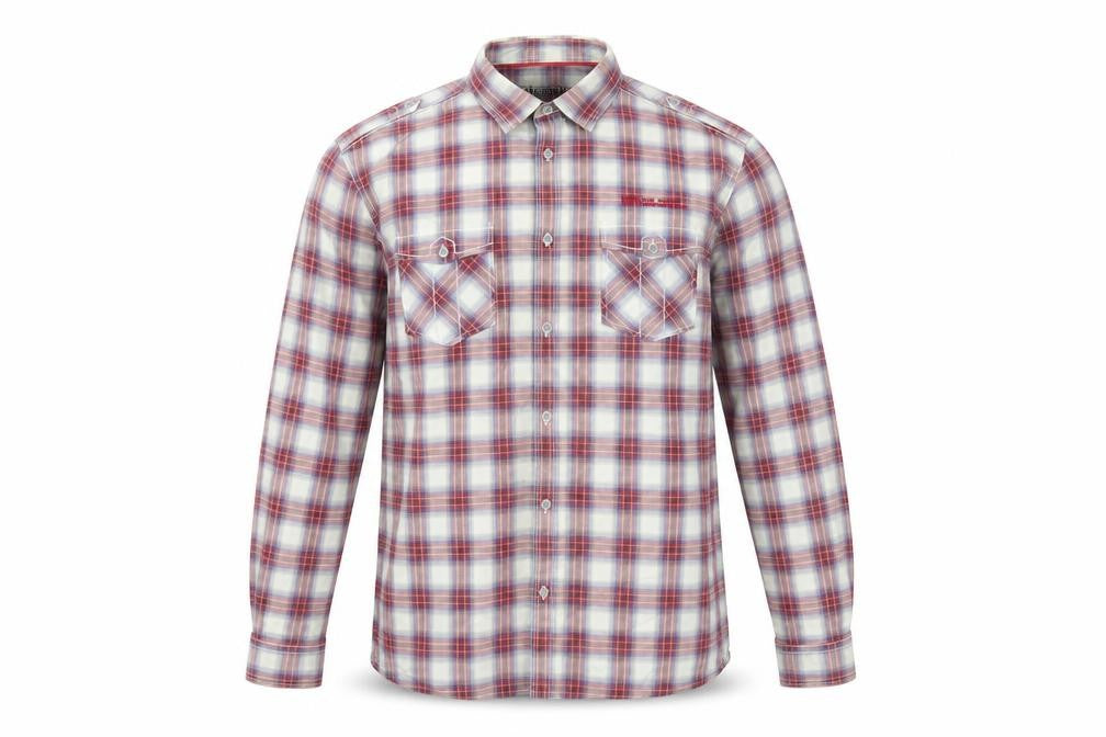 Front view of Red Herring men’s red plaid cotton button-up, size XL, collared