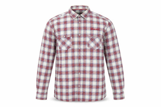 Front view of Red Herring men’s red plaid cotton button-up, size XL, collared