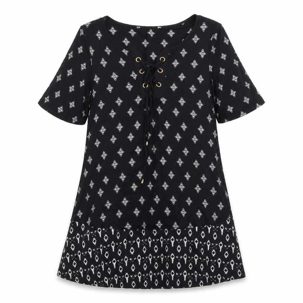 Front view of George women’s black paisley viscose mini, size UK 10, crew neck